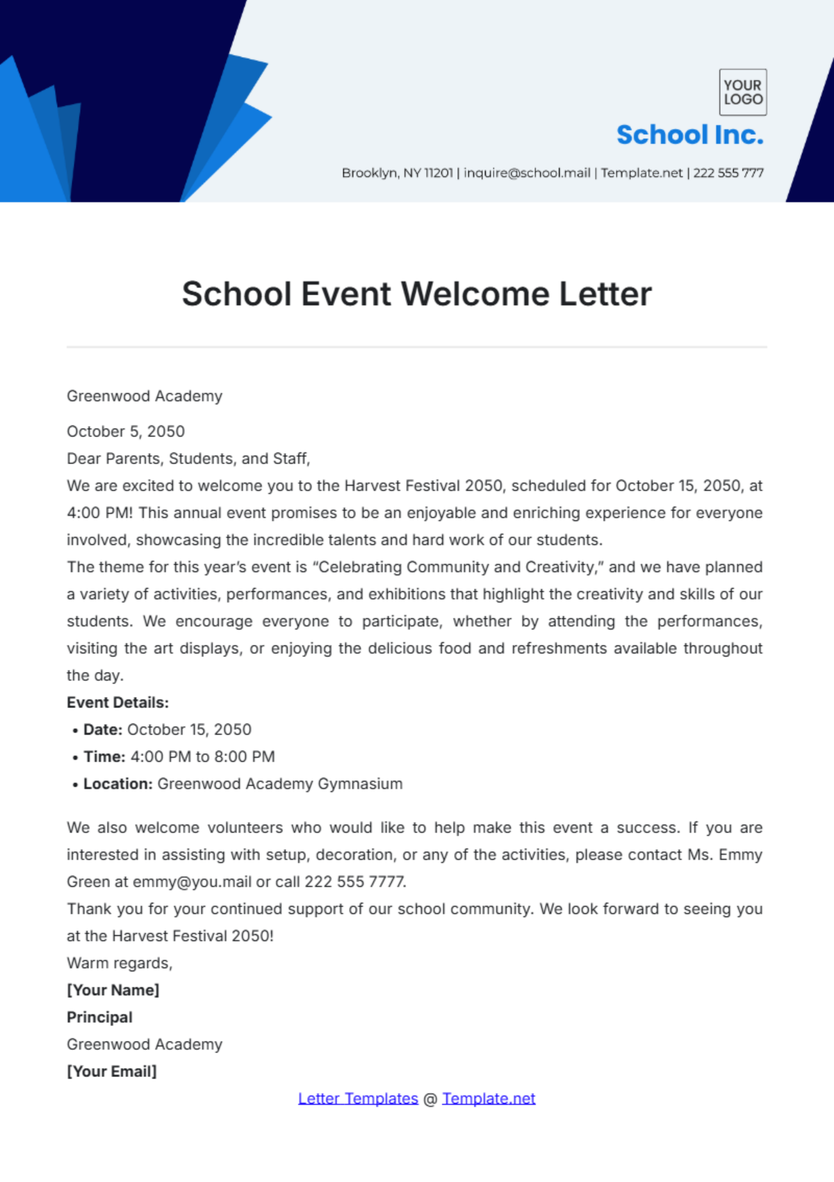 School Event Welcome Letter Template - Edit Online & Download