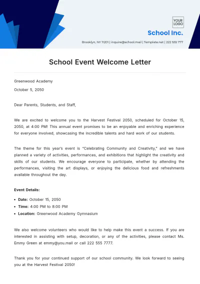 Free School Event Welcome Letter Template to Edit Online