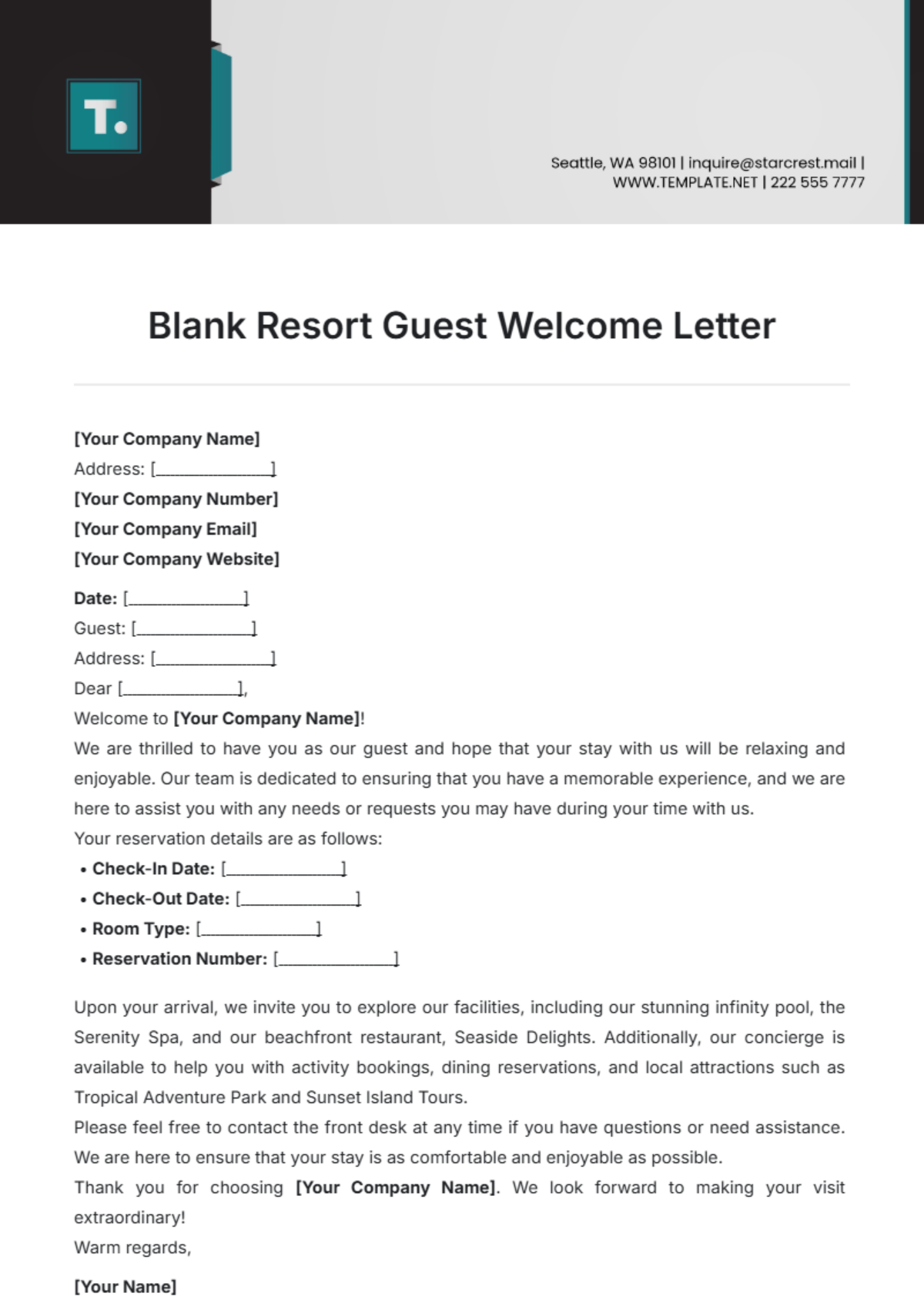 Blank Resort Guest Welcome Letter Template - Edit Online & Download