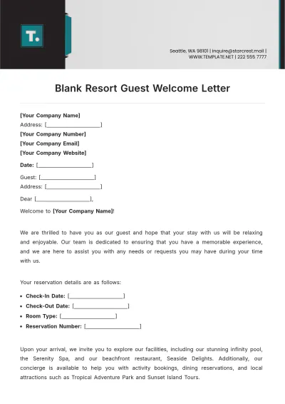 Free Blank Resort Guest Welcome Letter Template to Edit Online