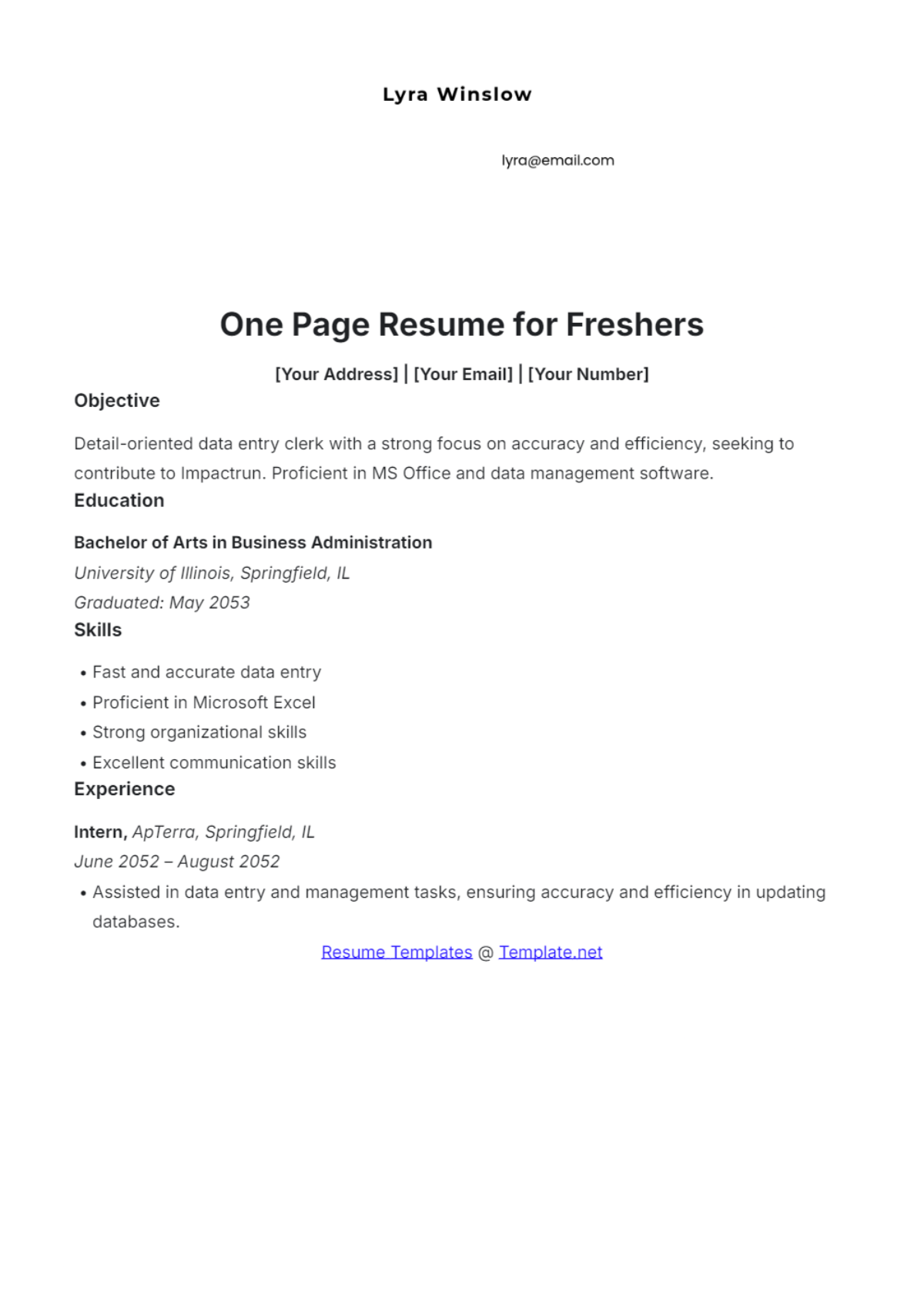 One Page Resume for Freshers Template - Edit Online & Download