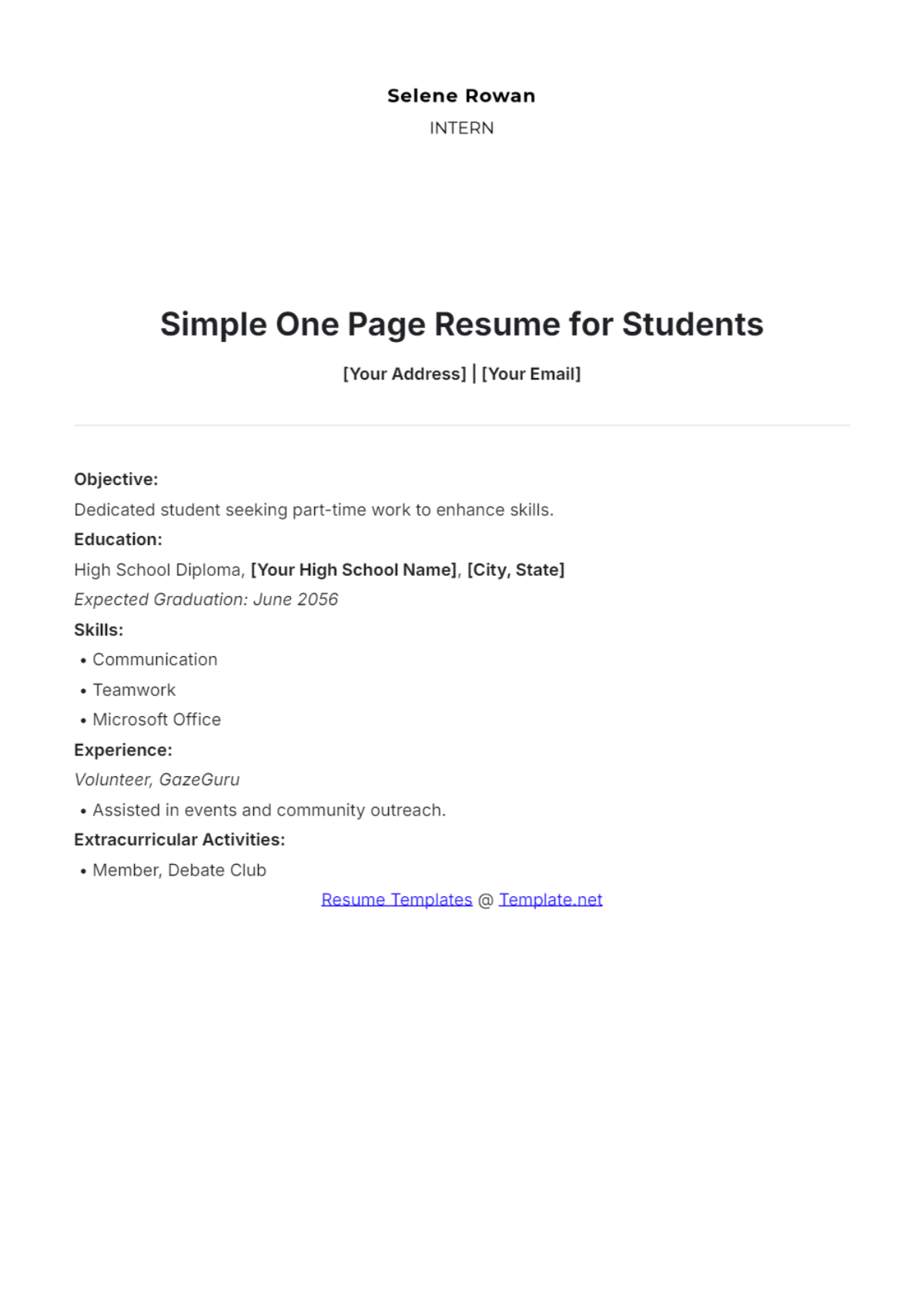 Simple One Page Resume for Students Template - Edit Online & Download