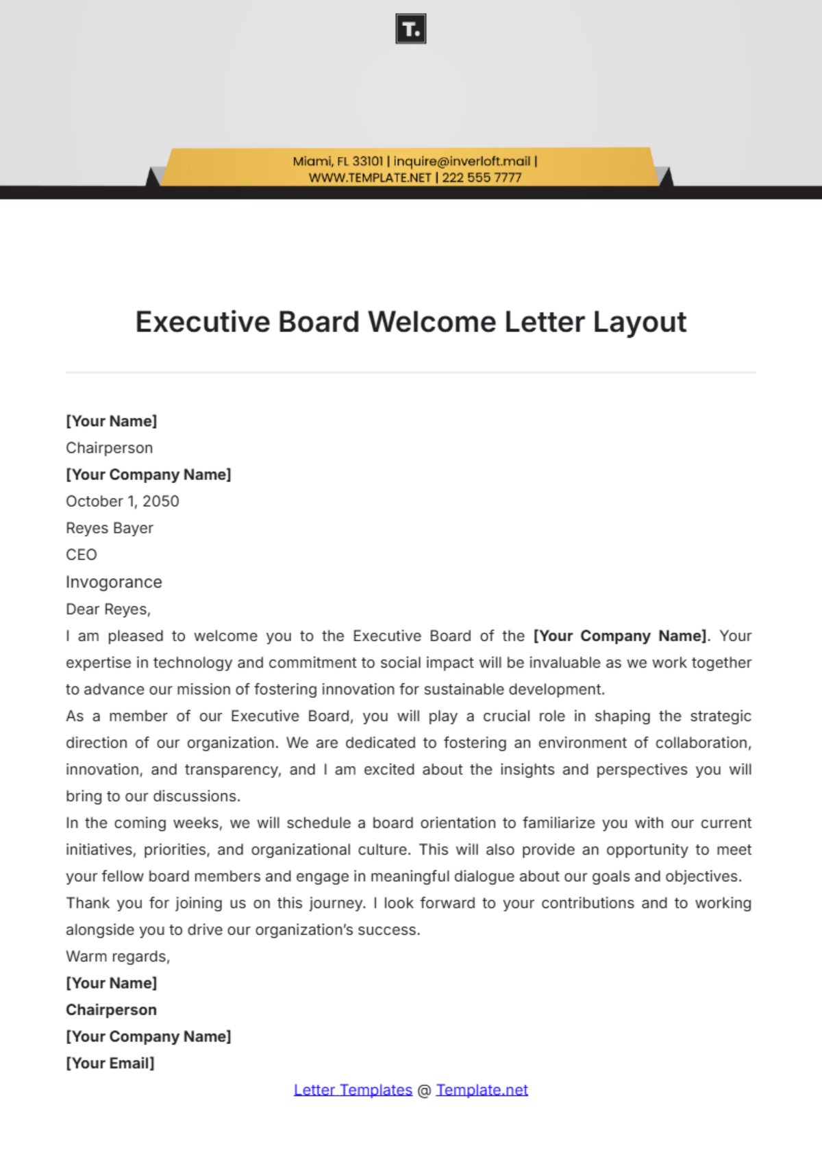 Executive Board Welcome Letter Layout Template - Edit Online & Download