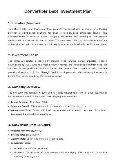 Free Convertible Debt Investment Plan Template to Edit Online