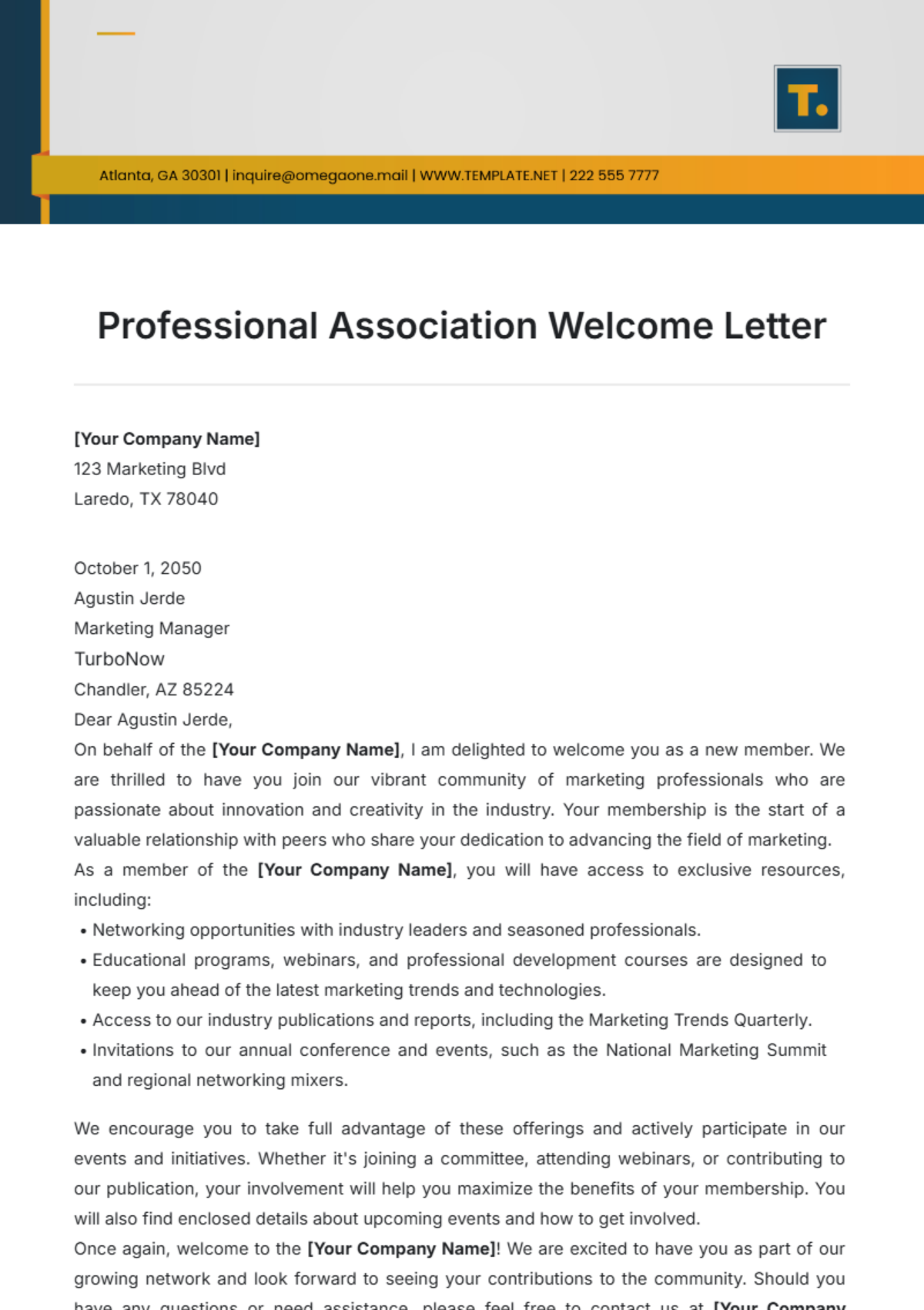 Professional Association Welcome Letter Template - Edit Online & Download