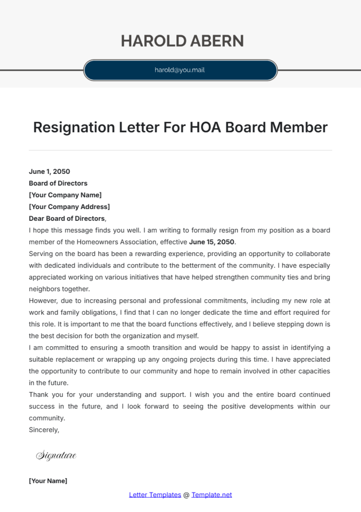 Resignation Letter For HOA Board Member Template