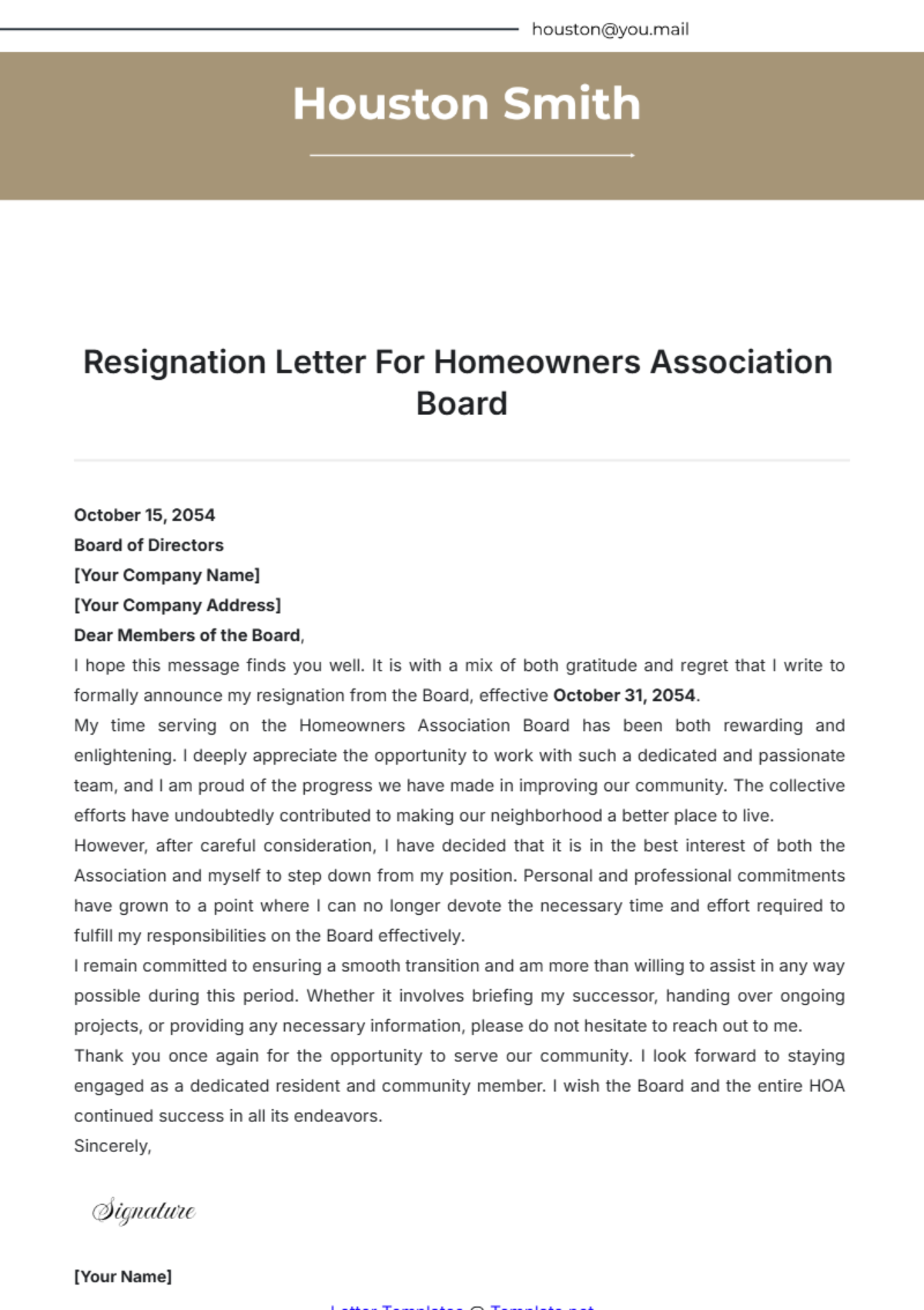 Resignation Letter For Homeowners Association Board Template