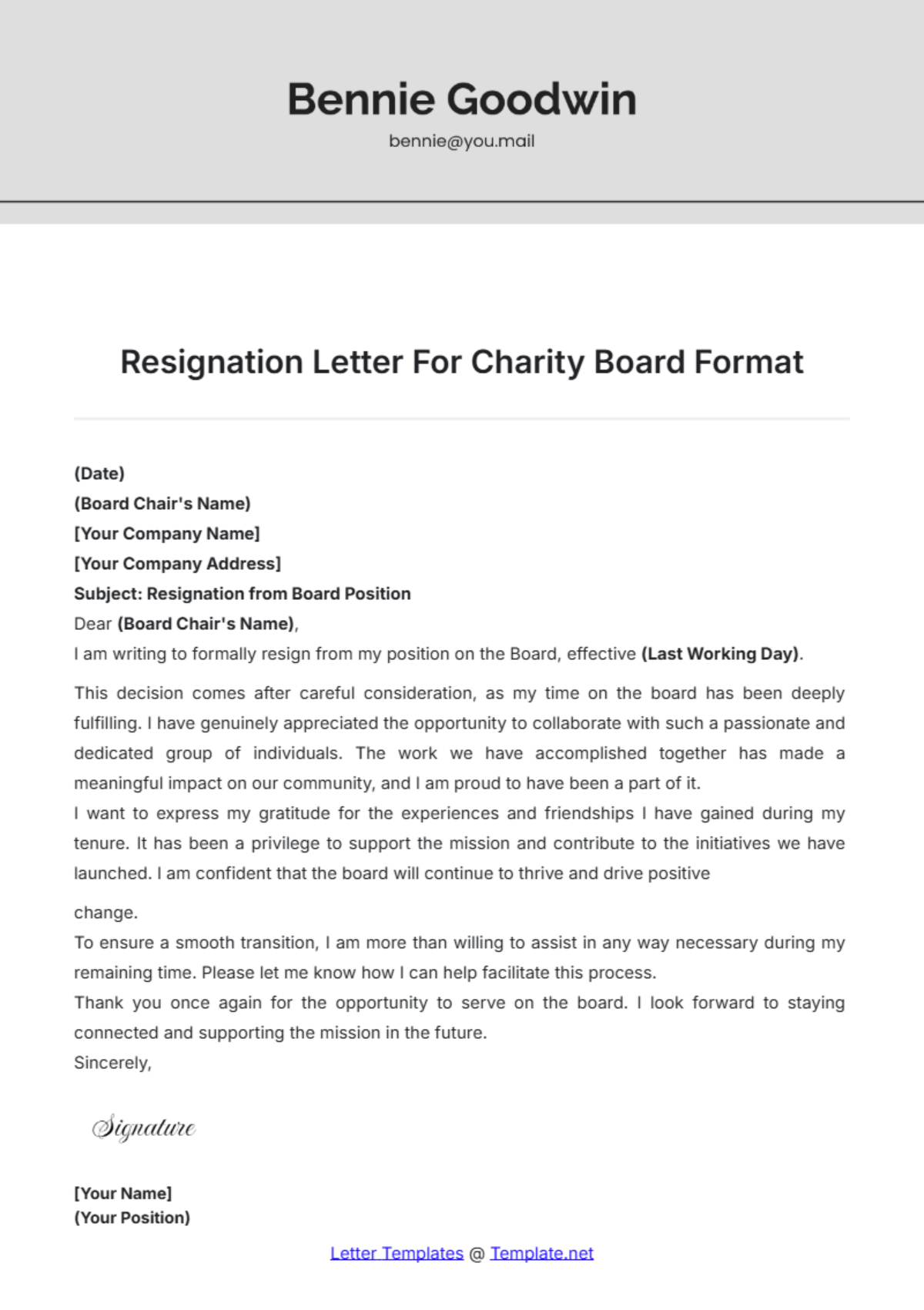 Resignation Letter For Charity Board Format Template