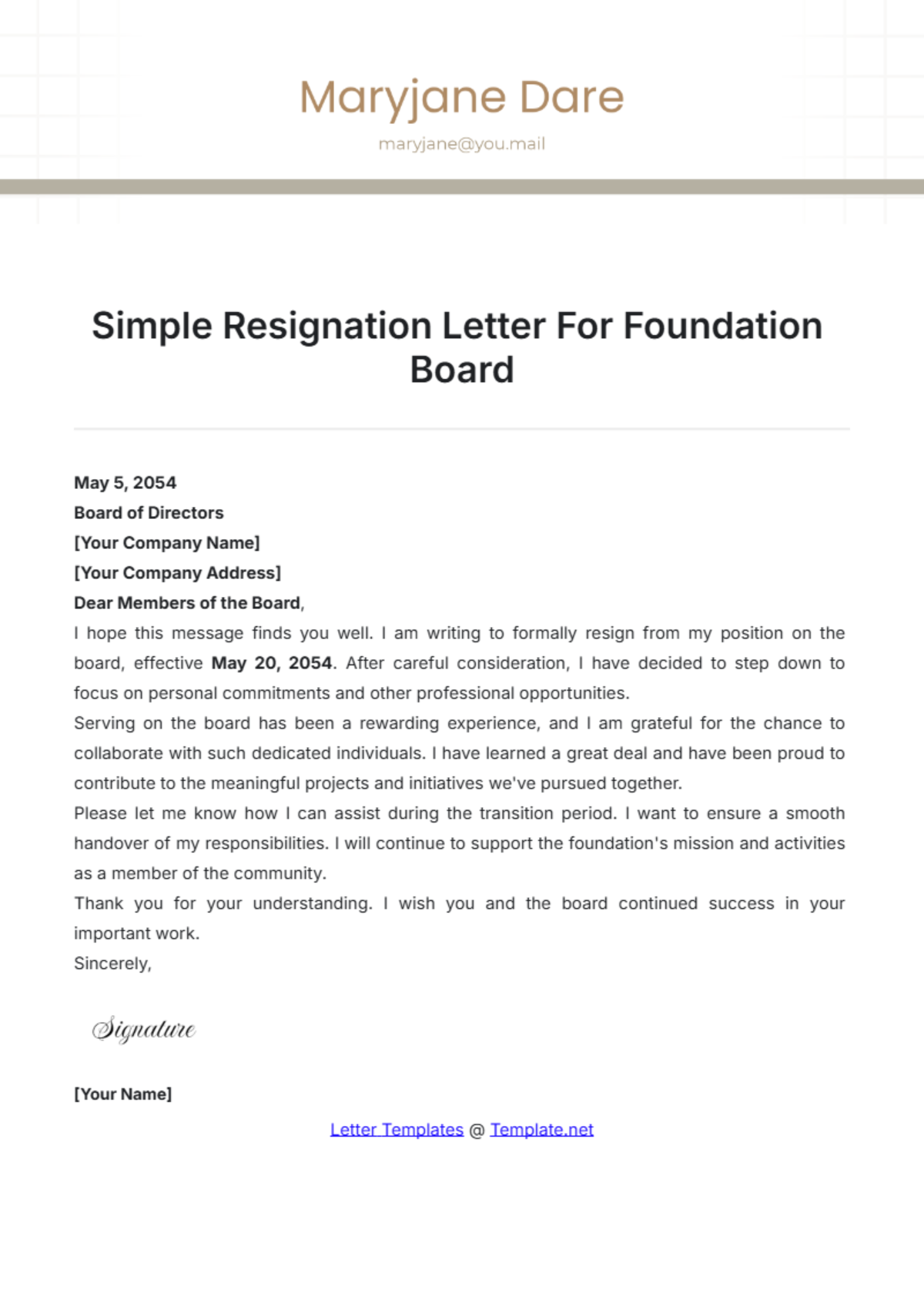 Simple Resignation Letter For Foundation Board Template