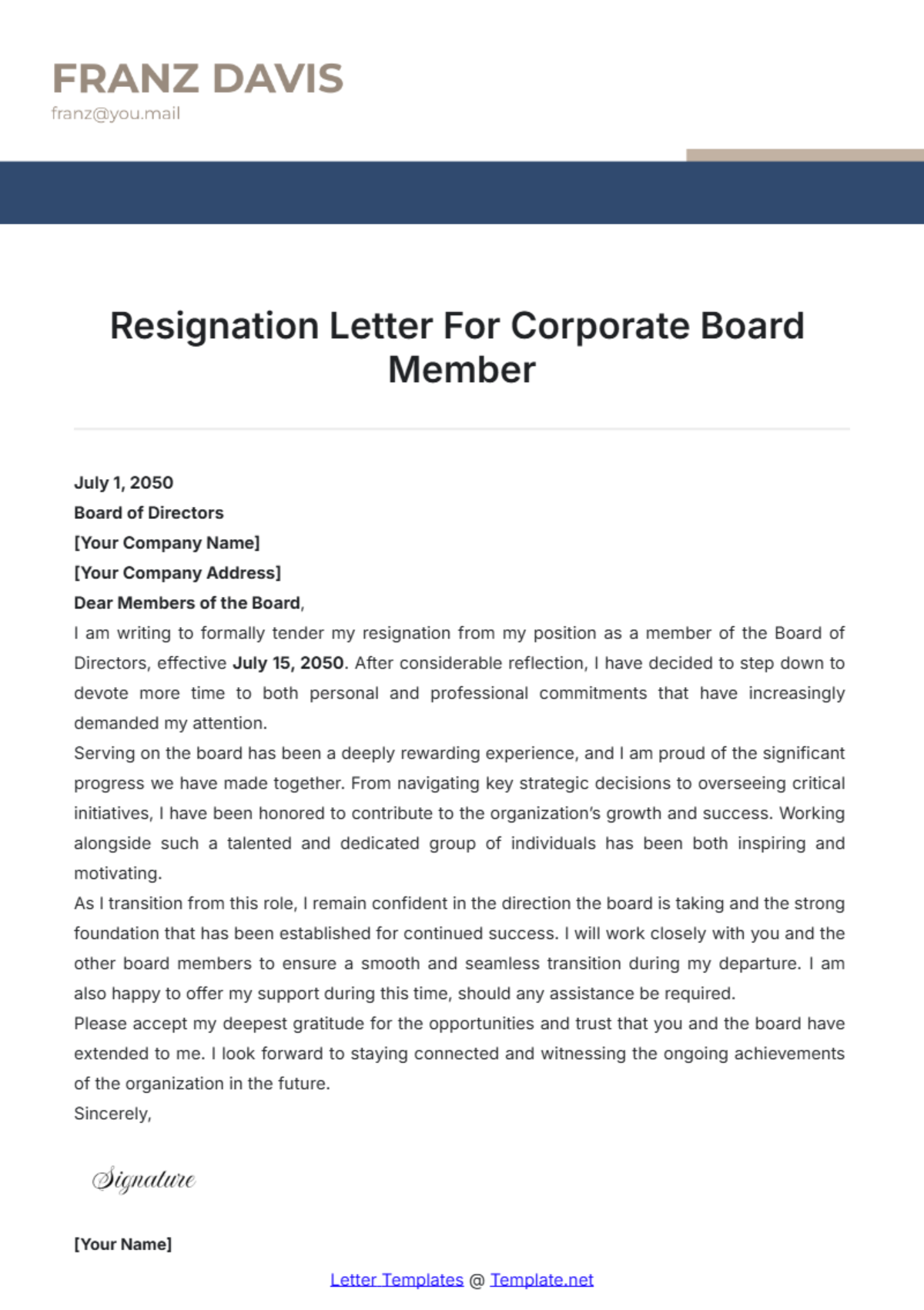 Resignation Letter For Corporate Board Member Template