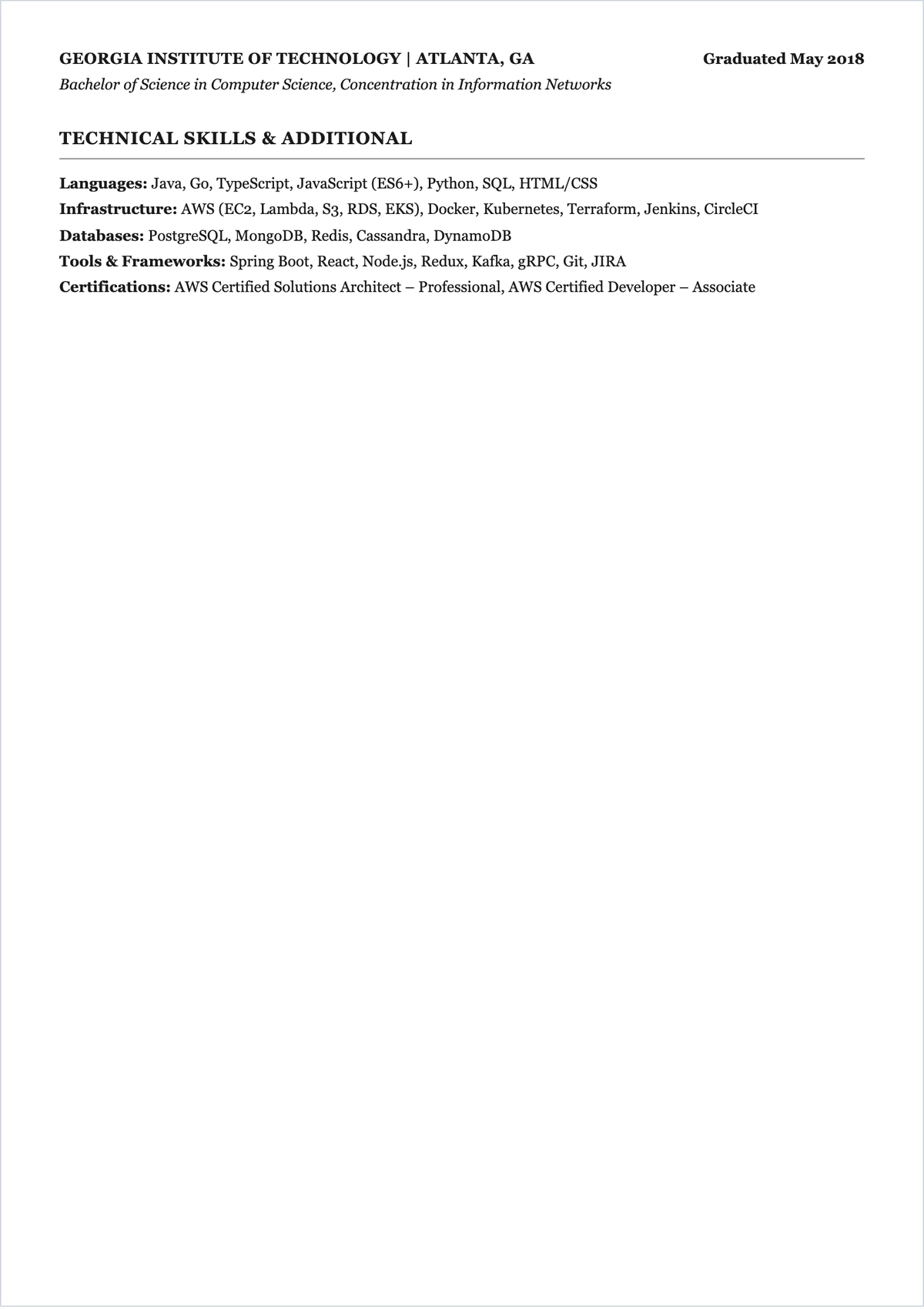 Free One Page ATS Resume for Software Developers Template