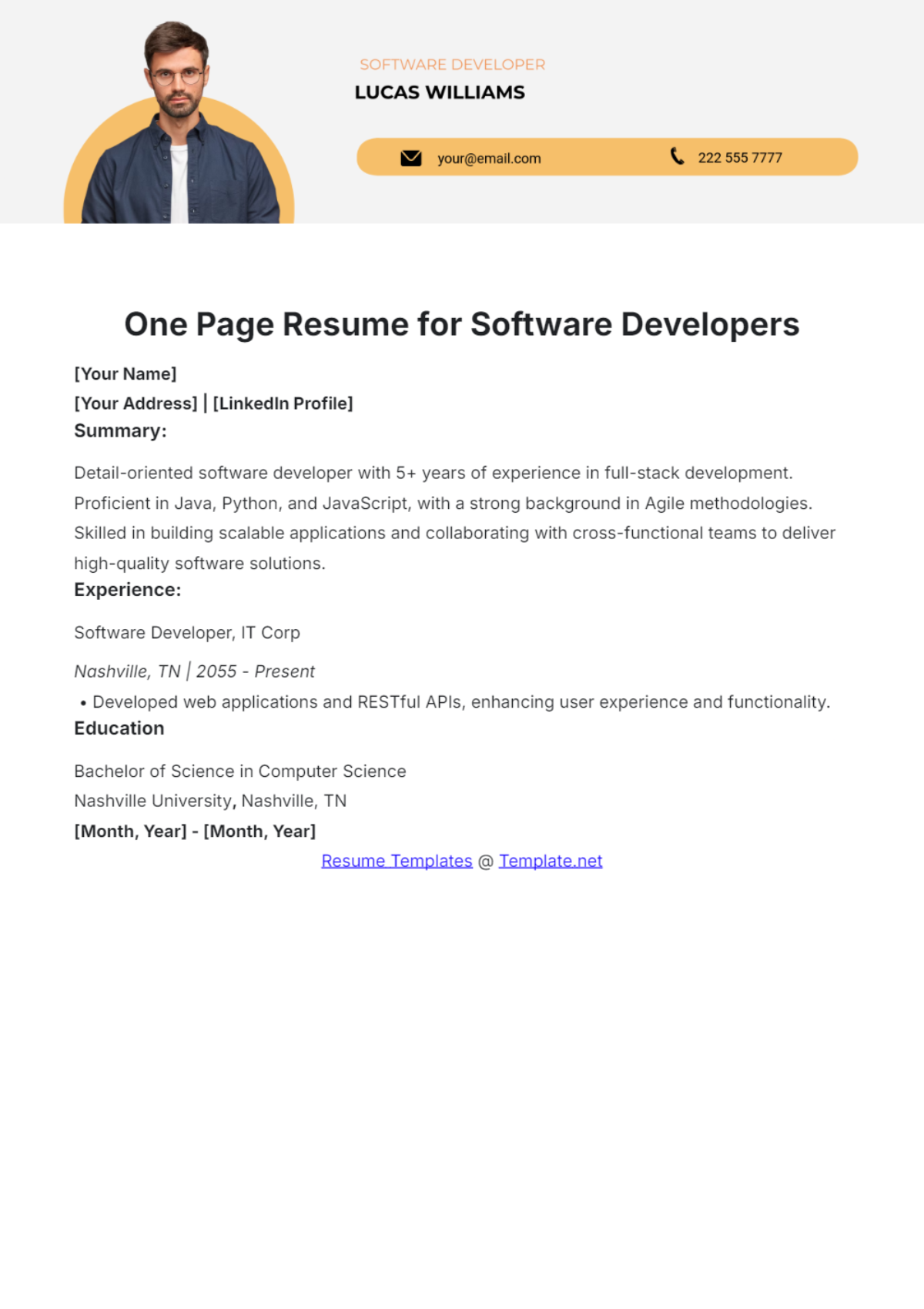 One Page Resume for Software Developers Template - Edit Online & Download