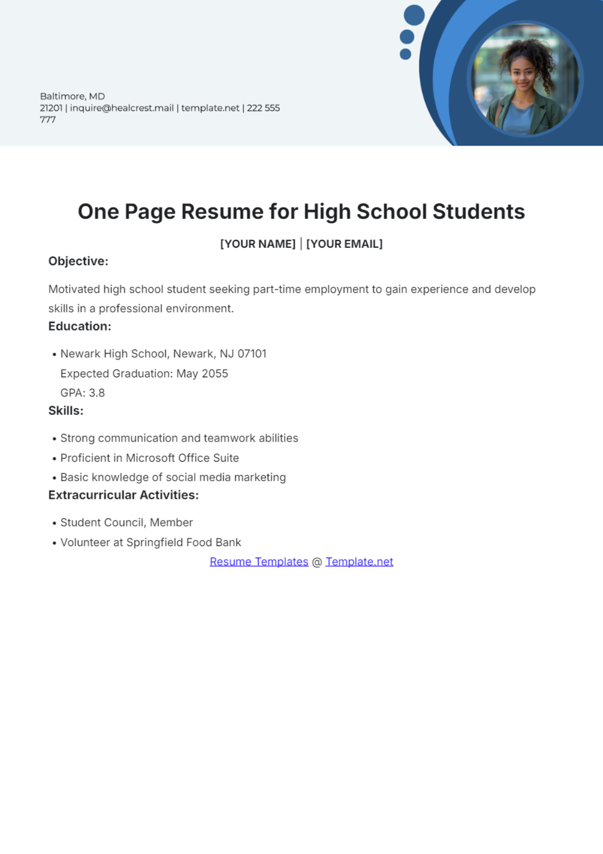 One Page Resume for High School Students Template - Edit Online & Download