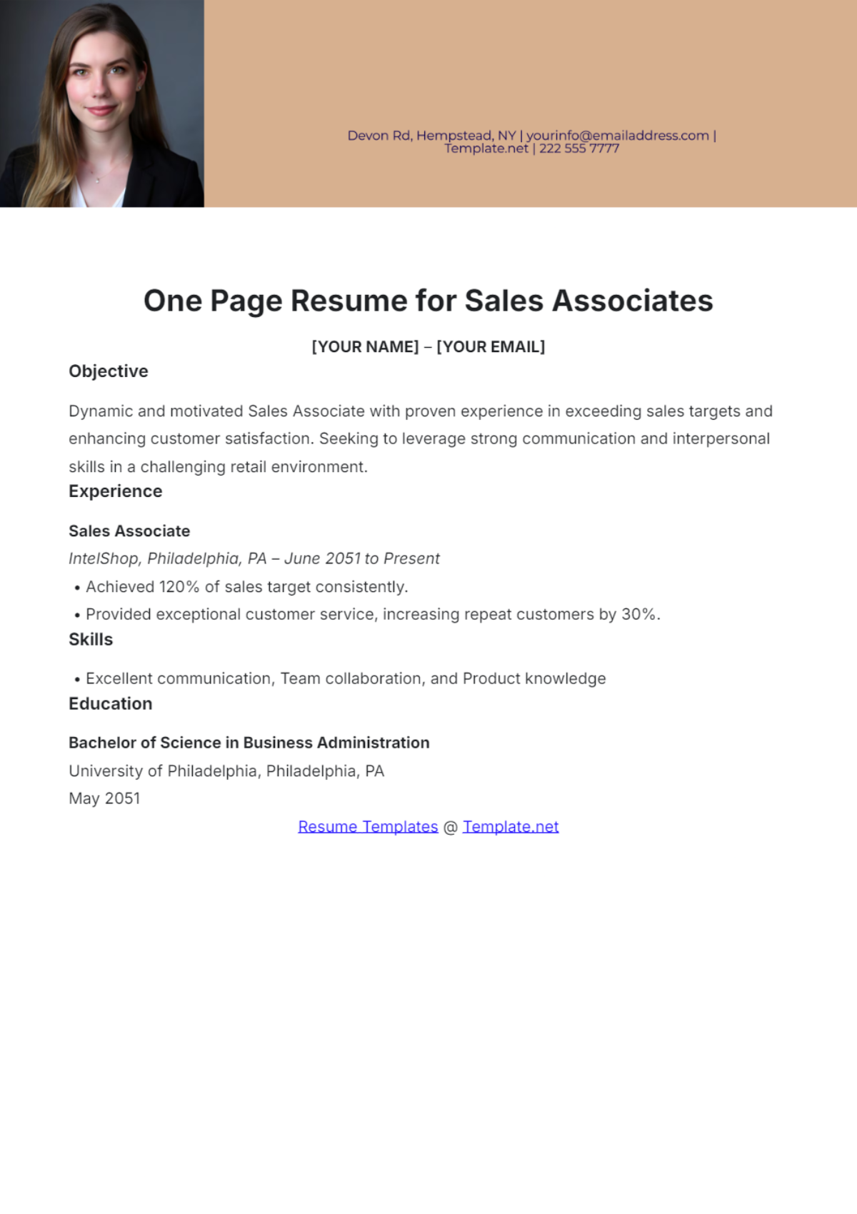 One Page Resume for Sales Associates Template - Edit Online & Download