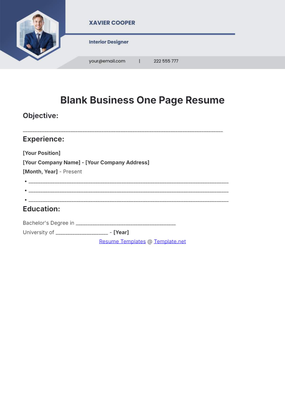 Blank Business One Page Resume Template - Edit Online & Download