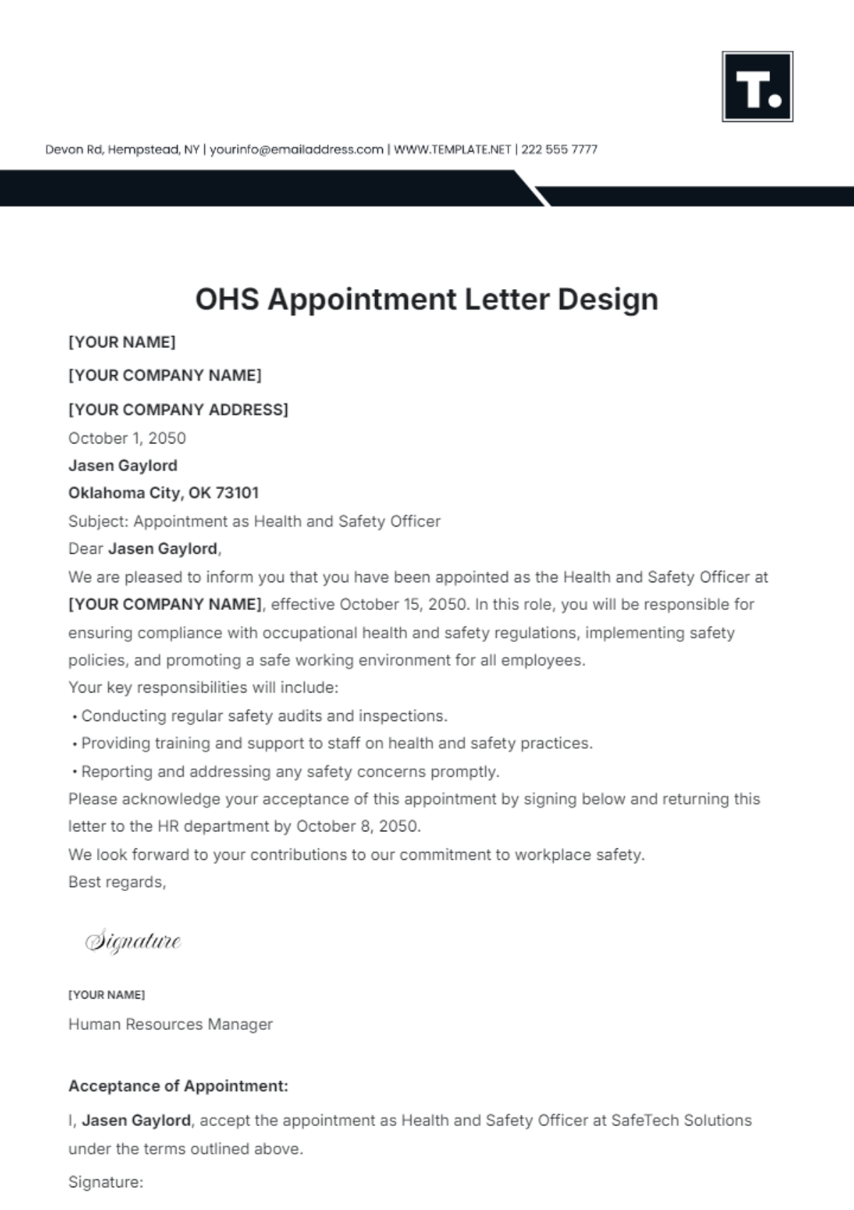 OHS Appointment Letter Design Template - Edit Online & Download