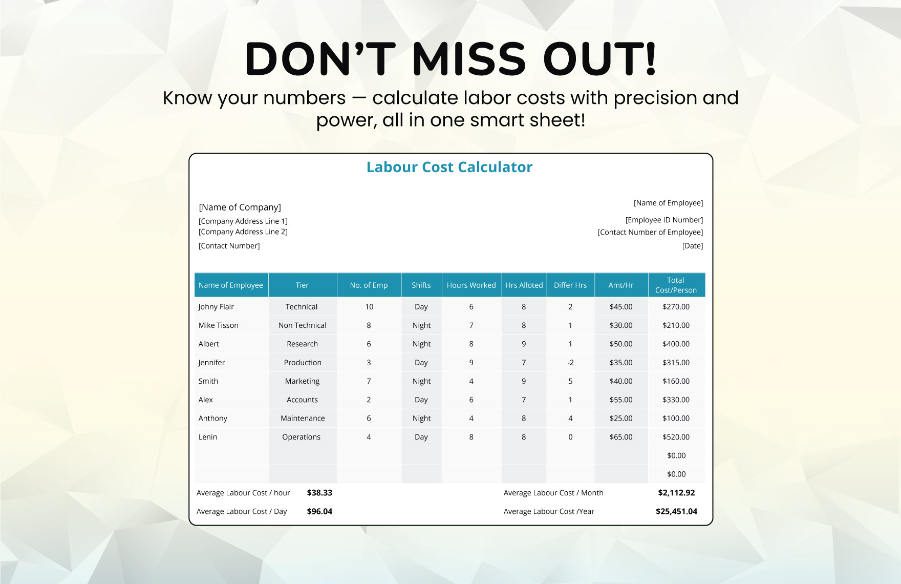 Labour Cost Calculator Template