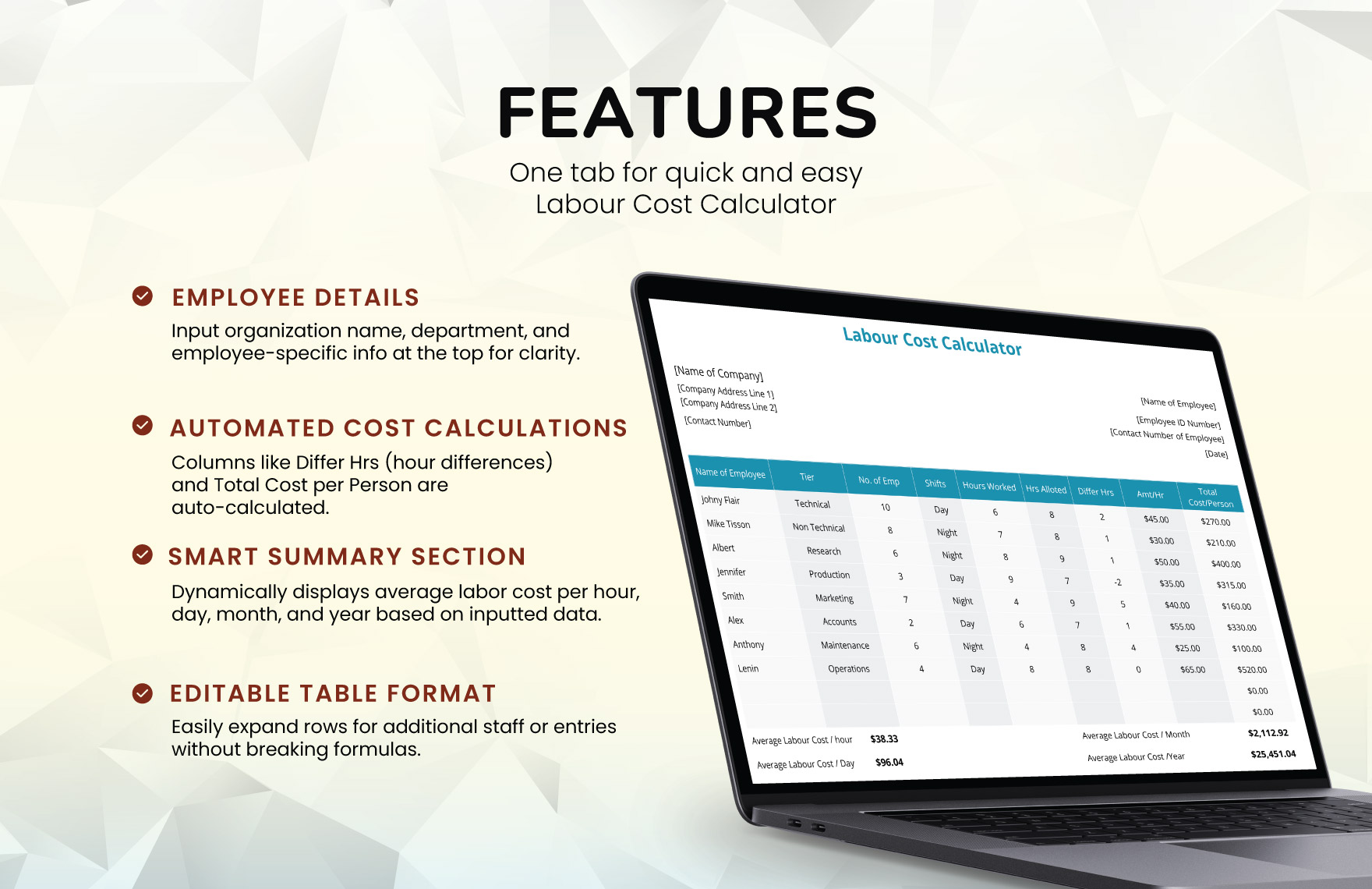 Labour Cost Calculator Template