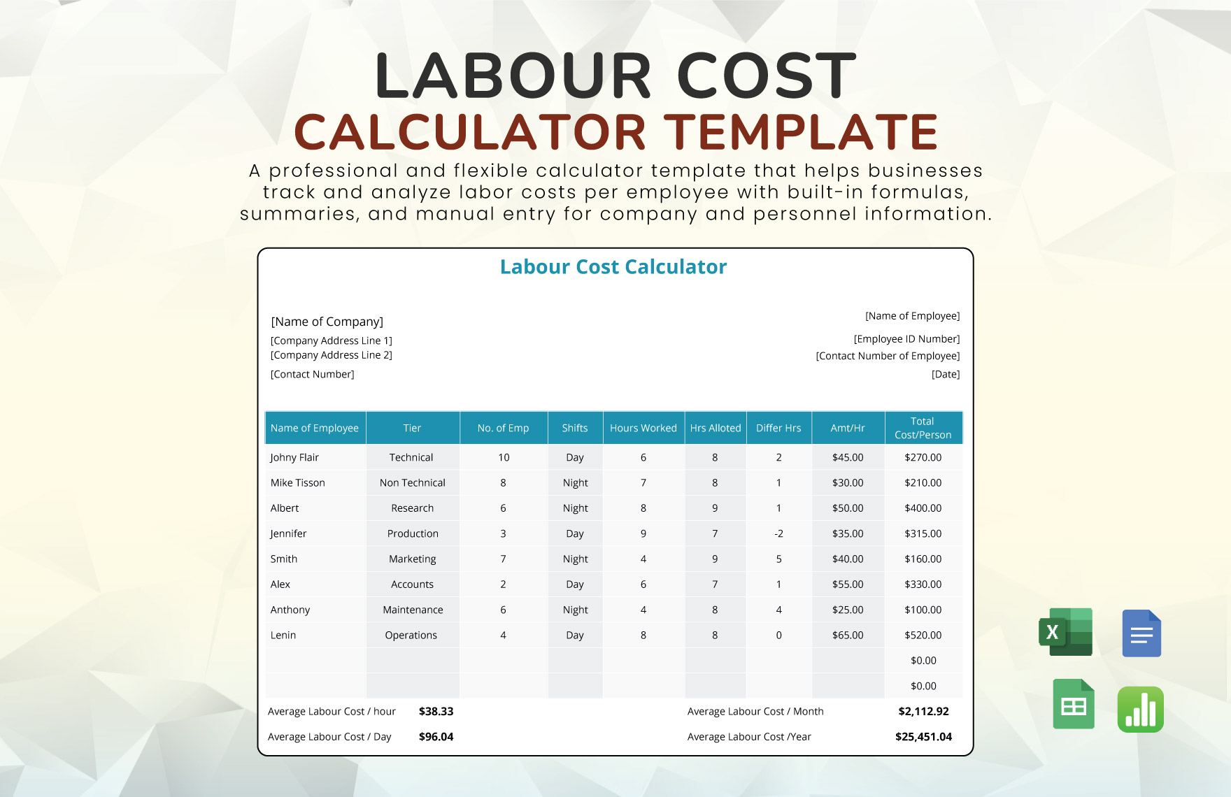 Labour Cost Calculator Template in Google Docs, Google Sheets, Apple Numbers, Excel to Download
