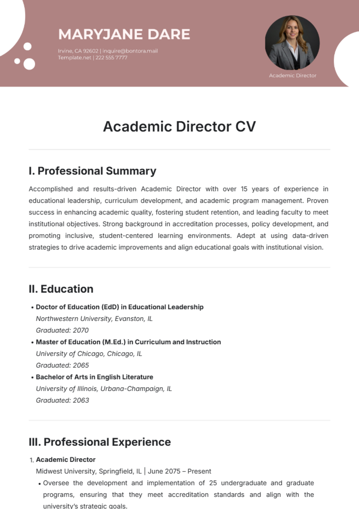 Academic Director CV Template - Edit Online & Download