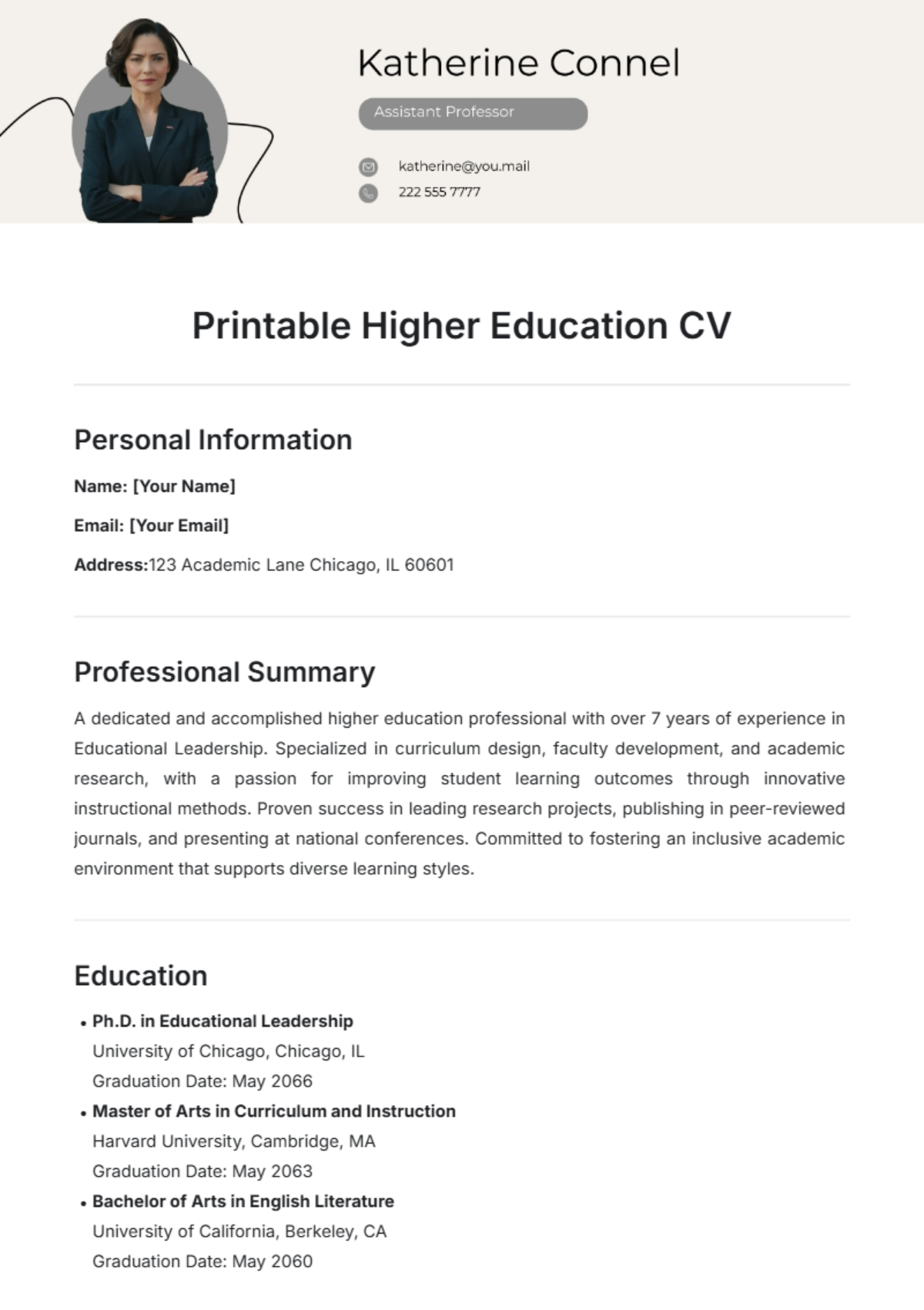 Printable Higher Education CV Template - Edit Online & Download