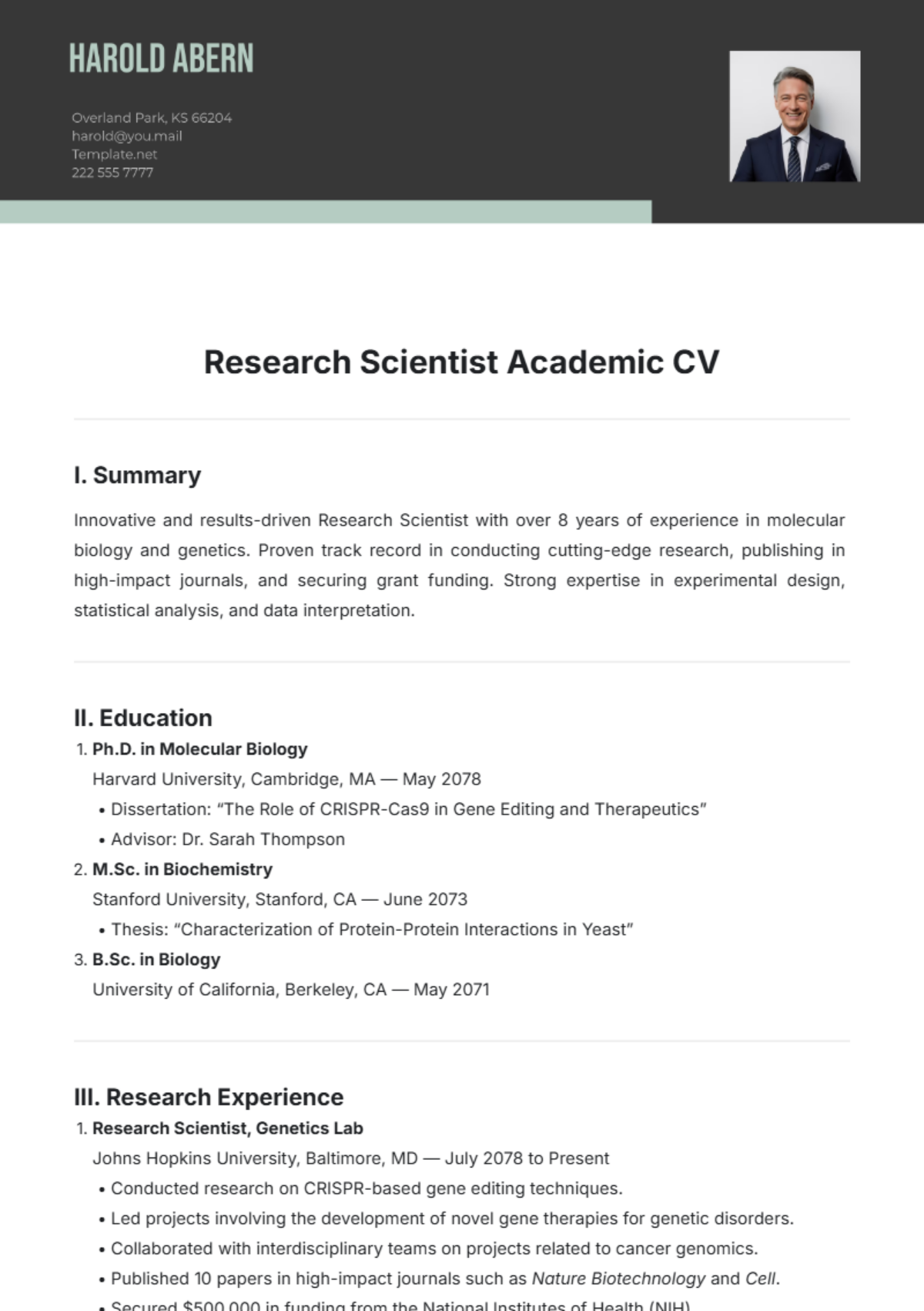 Research Scientist Academic CV Template - Edit Online & Download