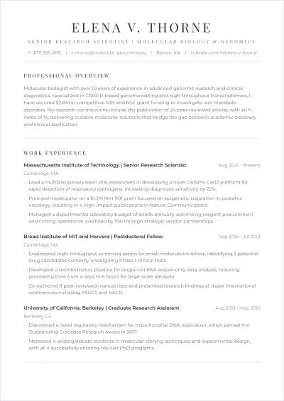 Free Research Scientist Academic ATS CV Template, AI CV Builder