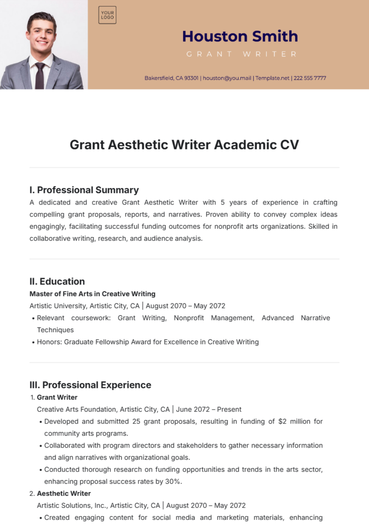 Grant Aesthetic Writer Academic CV Template - Edit Online & Download