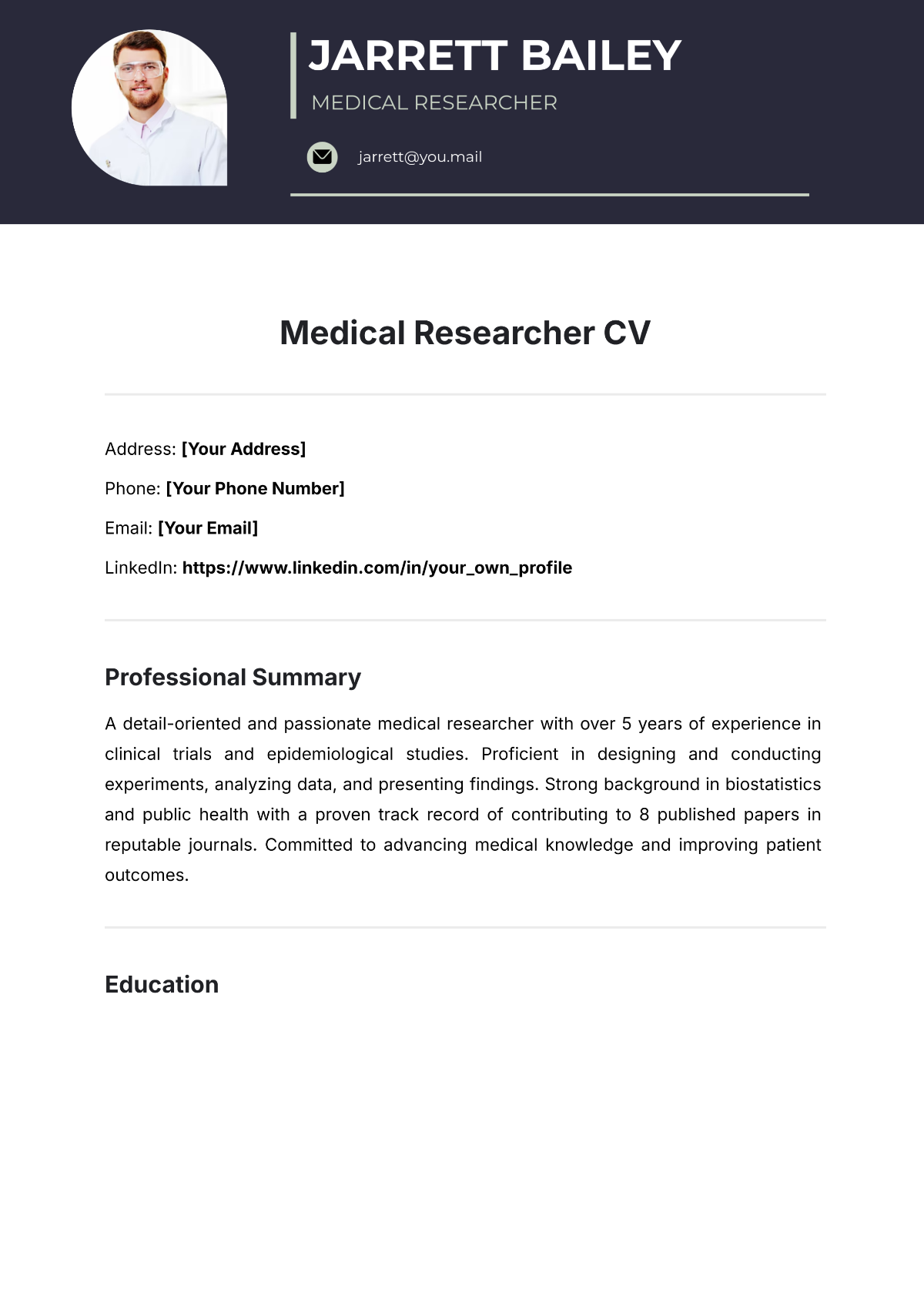 Free Professional Medical Researcher CV Template