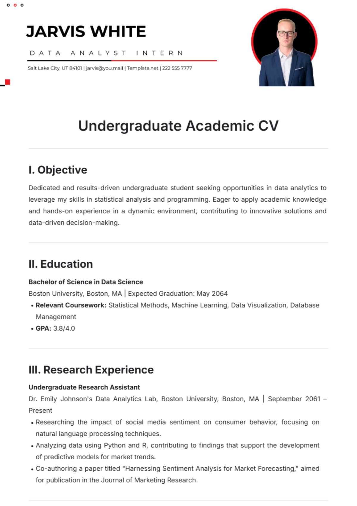 Undergraduate Academic CV Template - Edit Online & Download