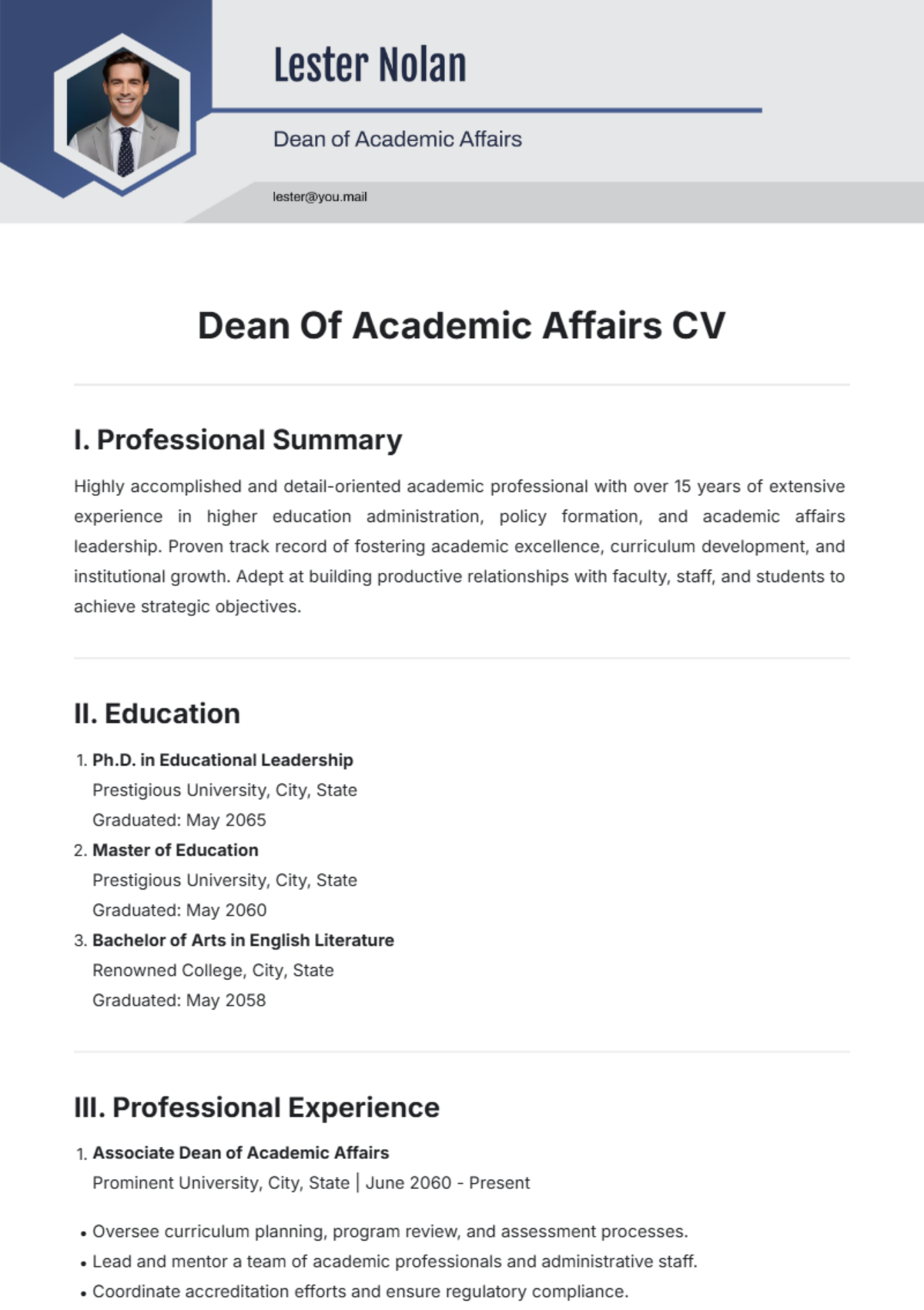 Dean Of Academic Affairs CV Template - Edit Online & Download