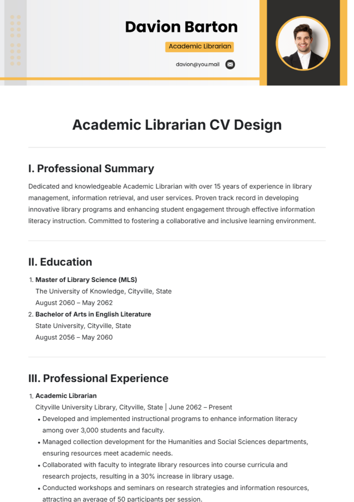 Academic Librarian CV Design Template - Edit Online & Download