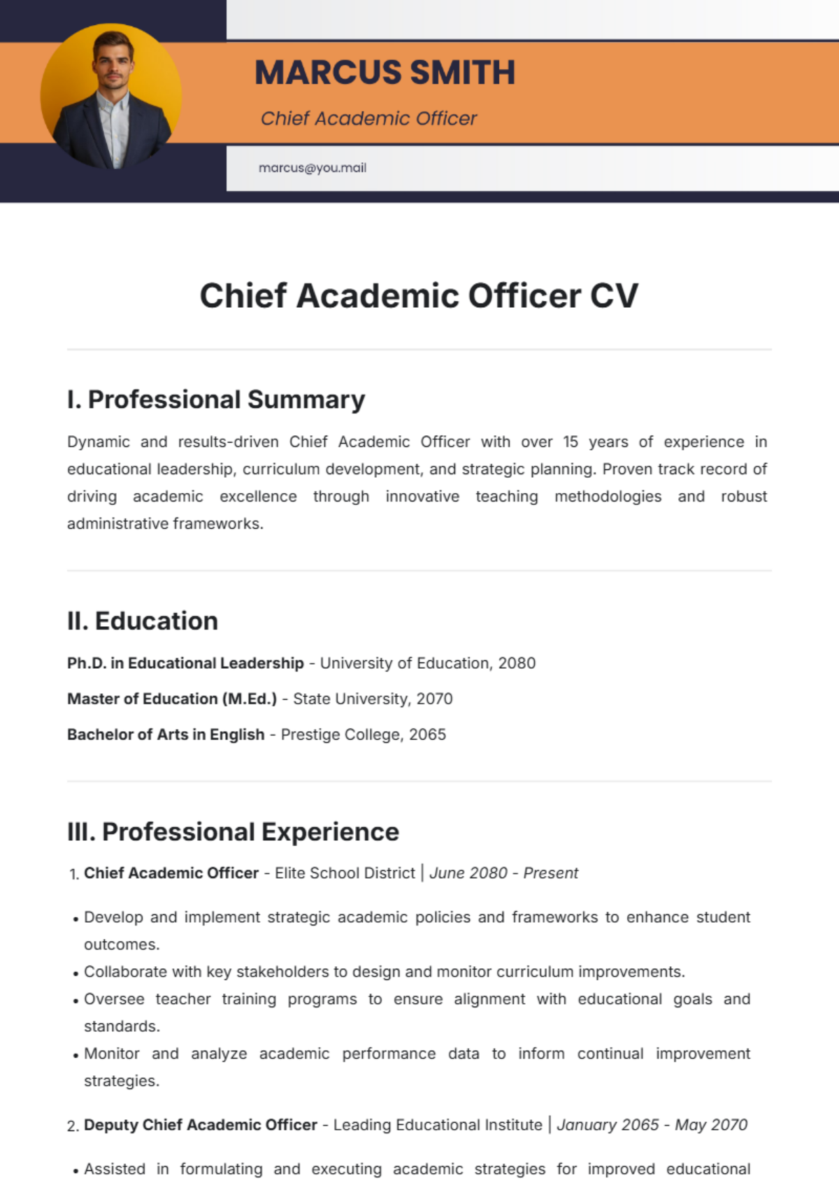 Chief Academic Officer CV Template - Edit Online & Download