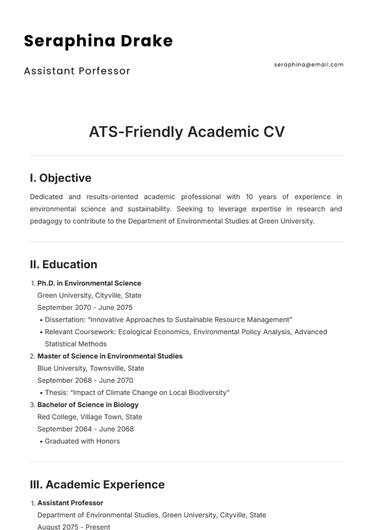 ATS-Friendly Academic CV Template - Edit Online & Download