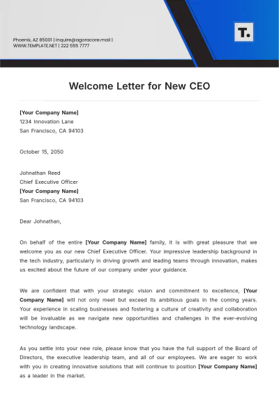 Free Welcome Letter for New CEO Template to Edit Online