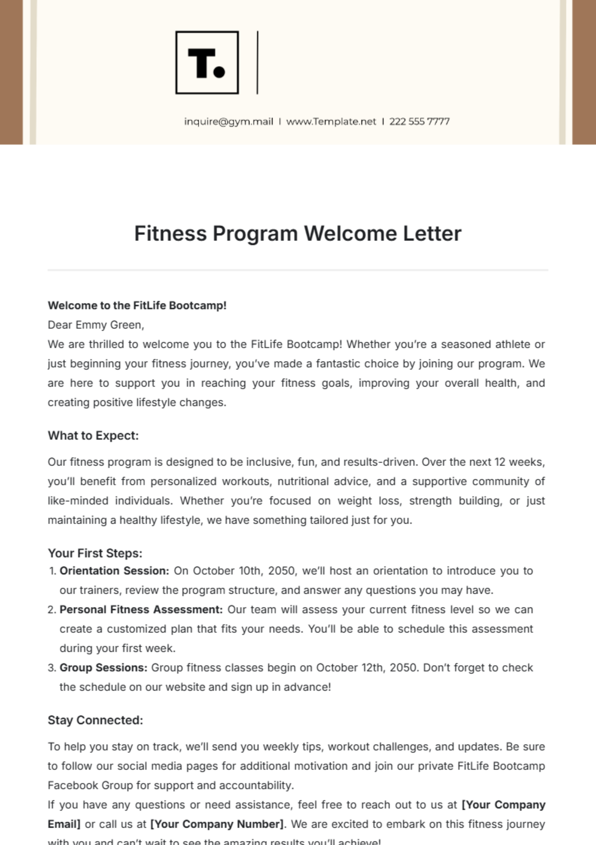 Fitness Program Welcome Letter Template - Edit Online & Download