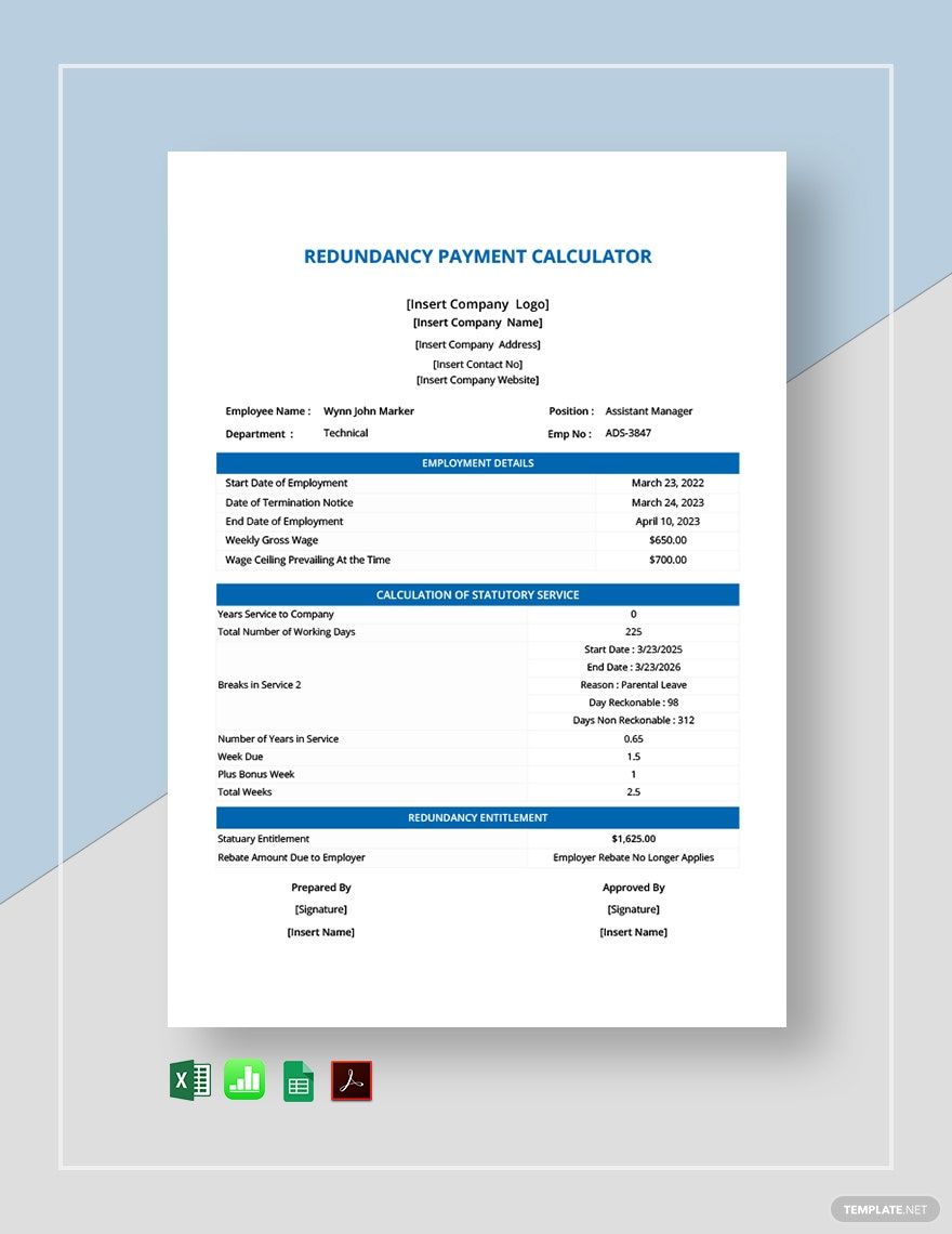 Redundancy Payment Calculator Template in Google Docs, Excel, Google Sheets - Download | Template.net