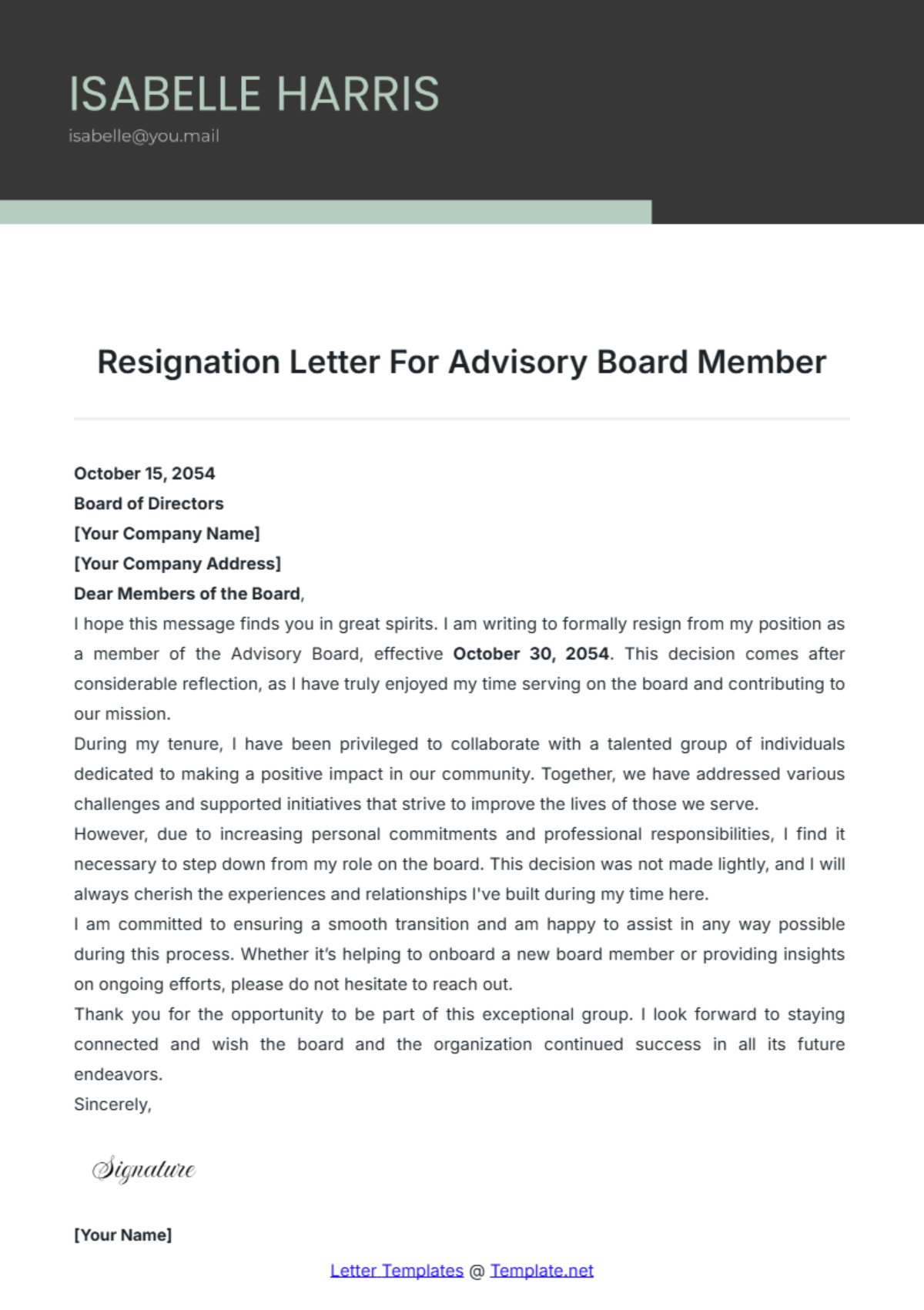 Resignation Letter For Advisory Board Member Template