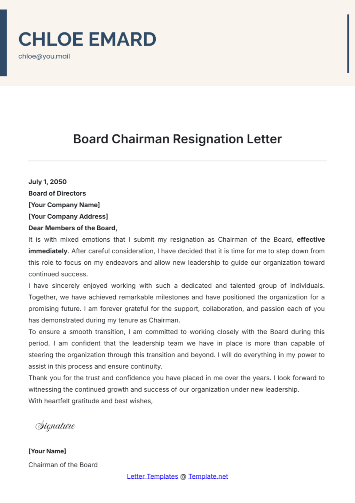 Board Chairman Resignation Letter Template