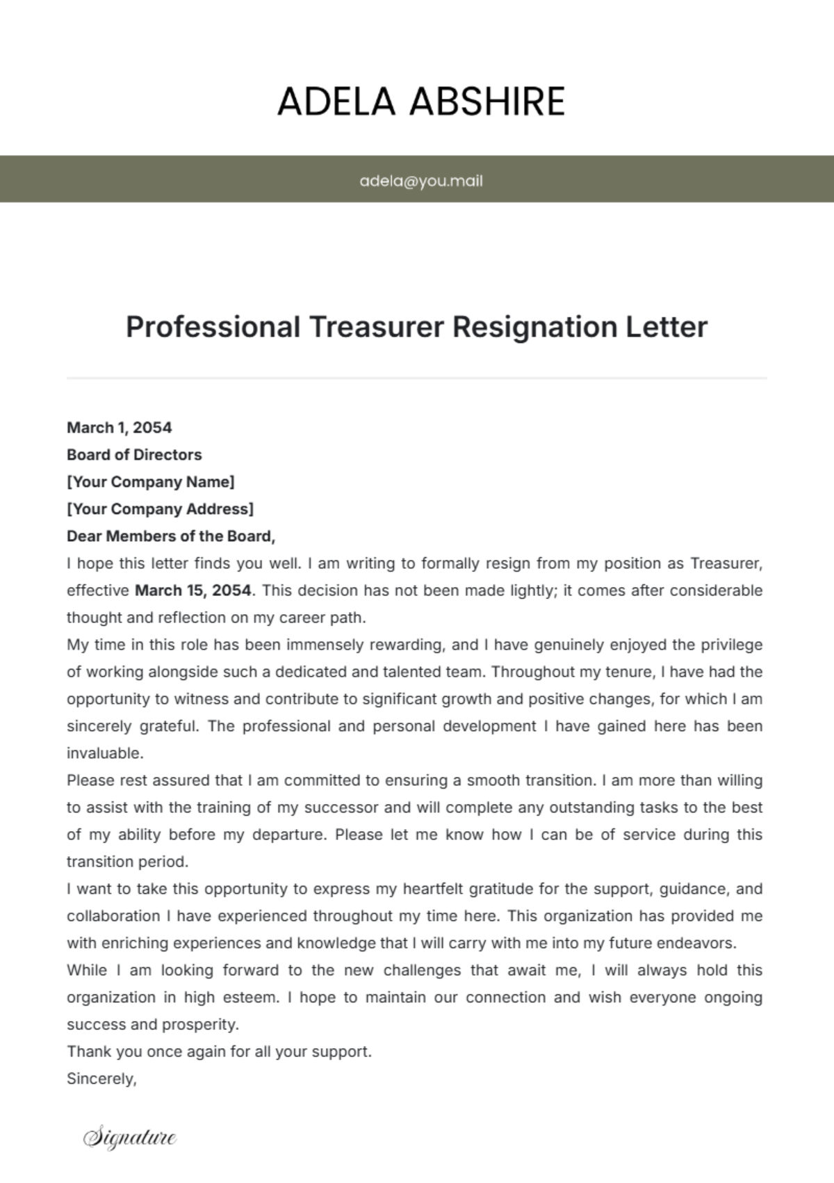 Professional Treasurer Resignation Letter Template - Edit Online & Download