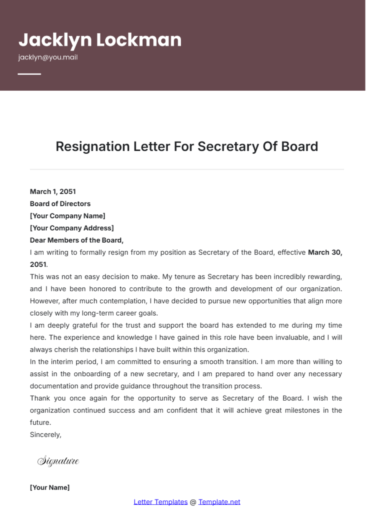 Resignation Letter For Secretary Of Board Template - Edit Online & Download