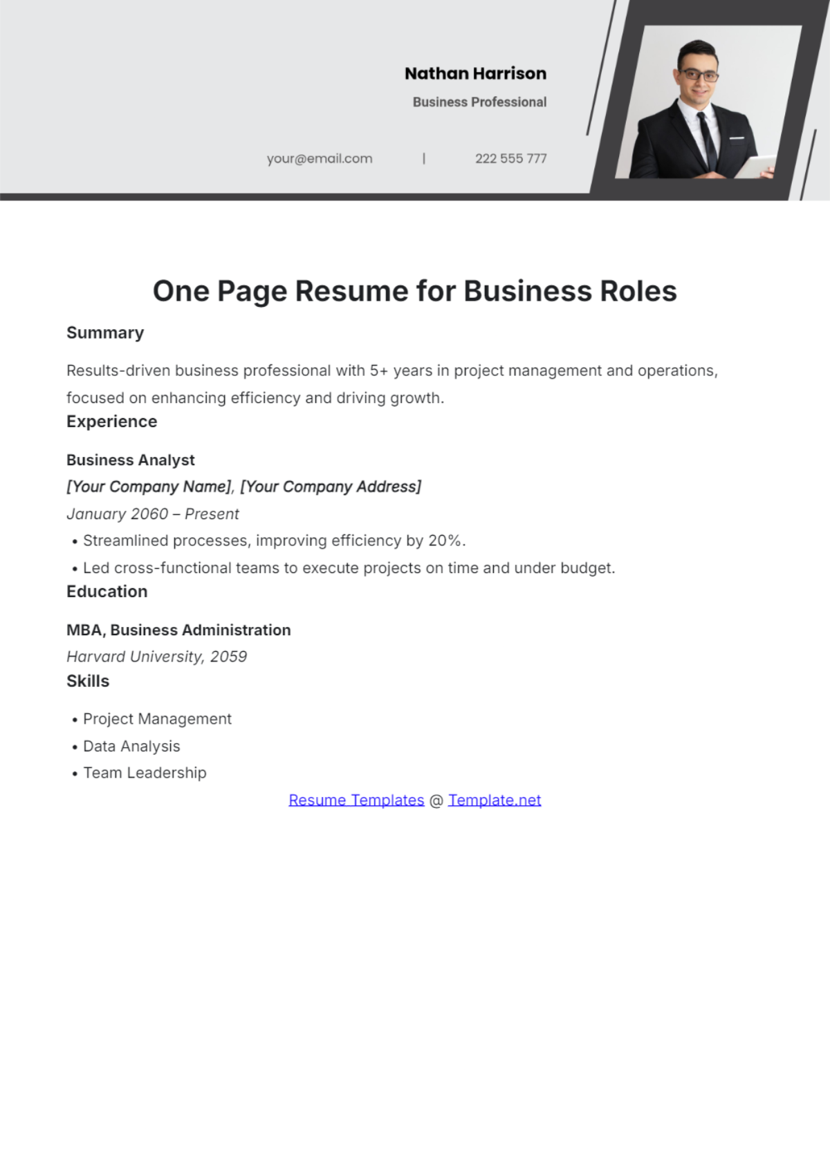 One Page Resume for Business Roles Template - Edit Online & Download