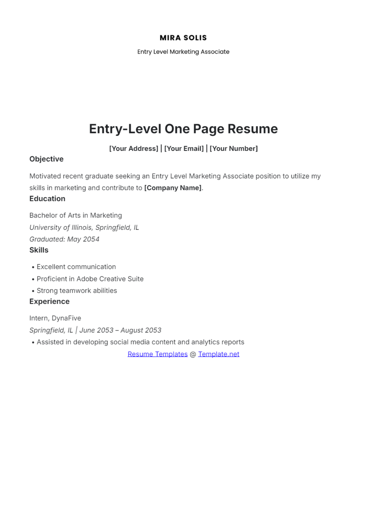 Entry-Level One Page Resume Template - Edit Online & Download