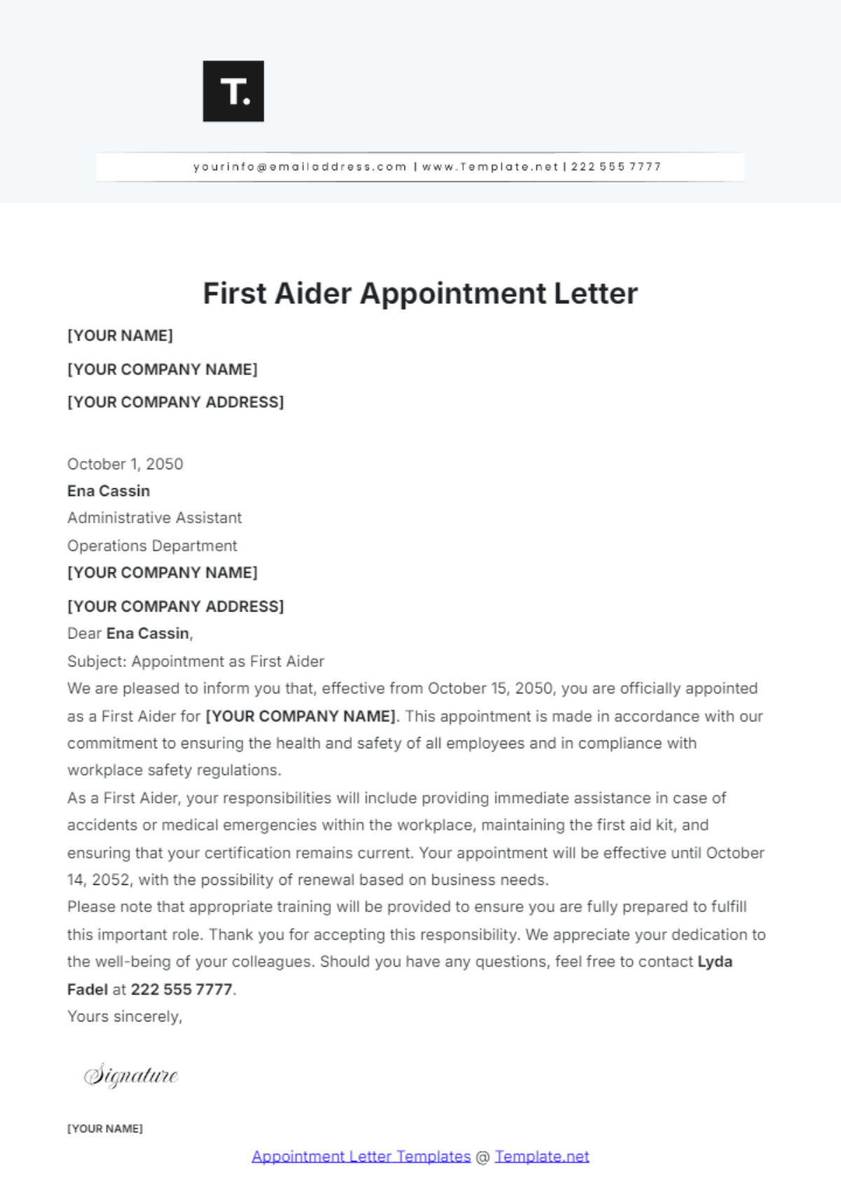 First Aider Appointment Letter Template - Edit Online & Download