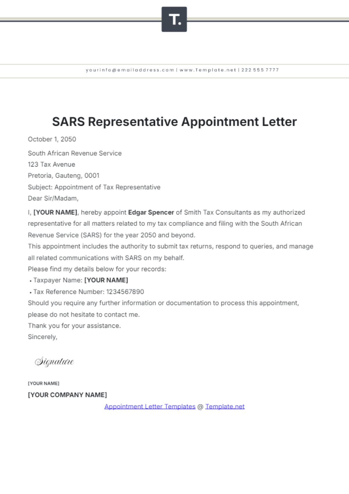 SARS Representative Appointment Letter Template - Edit Online & Download