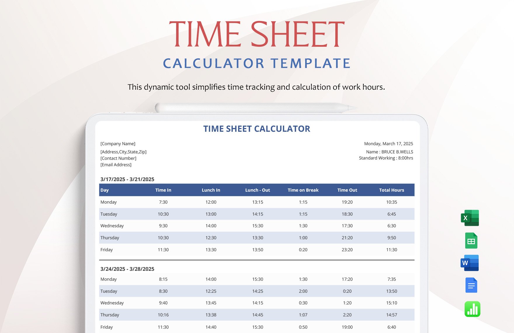 Time Sheet Calculator Template in Word, Google Docs, Excel, Google Sheets, Apple Numbers