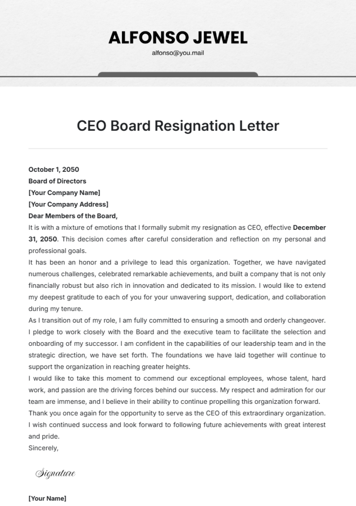 CEO Board Resignation Letter Template - Edit Online & Download