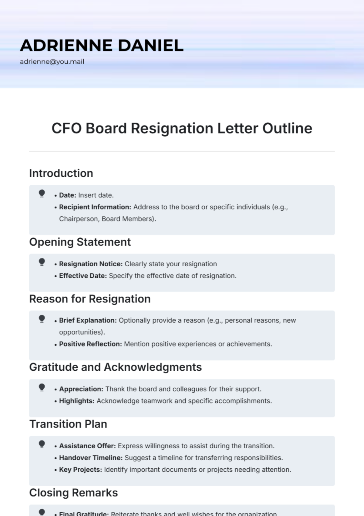 CFO Board Resignation Letter Outline Template - Edit Online & Download