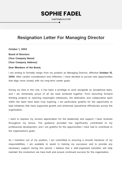 Free Resignation Letter For Managing Director Template to Edit Online