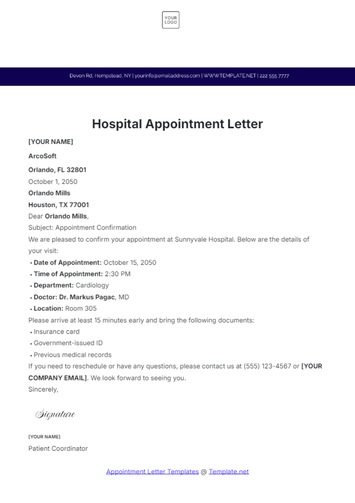 Hospital Appointment Letter Template - Edit Online & Download